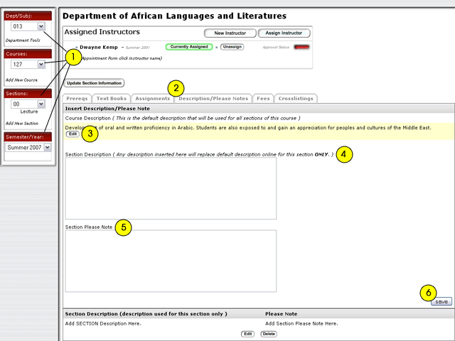 Creating a Course Descriptions and adding 'Please note' for a section