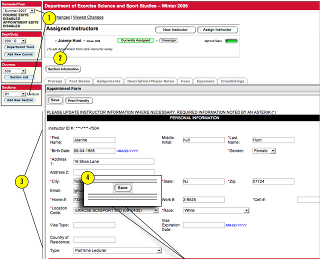 Modifying an existing instructor's appointment form